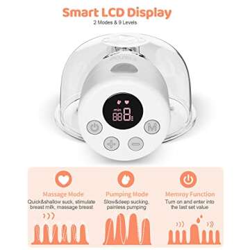 Wearable Breast Pump, Fisroa Double Hands Free Pump with 2 Modes & 9 Levels Low Noise Wireless Electric LCD Display and Memory Function