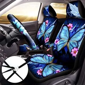 Tallew Butterfly Seat Full Set for Women Butterfly Universal Car Accessories Rubber Steering Wheel Cover License Plate Frame Mirror Covers 26 Pcs Fit Car SUV Auto(Blue Style)