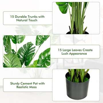 Goplus Artificial Monstera Deliciosa Plant, 5ft Tall Fake Tropical Palm Tree w/15 Pcs Different Turtle Leaves, Cement-Filled Plastic Pot, Faux Swiss Cheese Plant for Floor Home Office Decor, 2- Pack