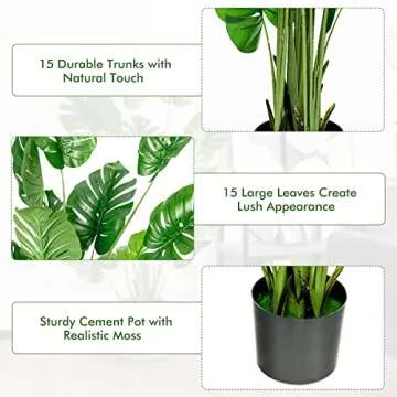 Goplus Artificial Monstera Deliciosa Plant, 5ft Tall Fake Tropical Palm Tree w/15 Pcs Different Turtle Leaves, Cement-Filled Plastic Pot, Faux Swiss Cheese Plant for Floor Home Office Decor, 2- Pack