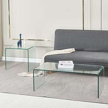 SMARTIK Glass Coffee Table Set, Modern Side & End Table, Transparent Living Room Tables, Supporting Glass Nightstand CoffeeTable for Living Room, Small Bent Modern Tables (Clear Big One)