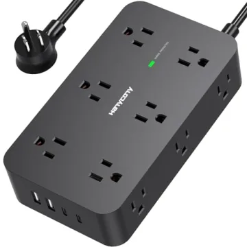 Power Strip Surge Protector with 12 Outlets 4 USB Ports(2 USB C), Black Flat Extension Cord 6 Feet, ...