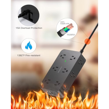 Power Strip Surge Protector with 12 Outlets 4 USB Ports(2 USB C), Black Flat Extension Cord 6 Feet, 1800J, Wall Mount, Desk Charging Station for Office Home College Dorm Room Essentials, ETL Listed