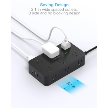 Power Strip Surge Protector with 12 Outlets 4 USB Ports(2 USB C), Black Flat Extension Cord 6 Feet, 1800J, Wall Mount, Desk Charging Station for Office Home College Dorm Room Essentials, ETL Listed