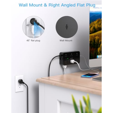 Power Strip Surge Protector with 12 Outlets 4 USB Ports(2 USB C), Black Flat Extension Cord 6 Feet, 1800J, Wall Mount, Desk Charging Station for Office Home College Dorm Room Essentials, ETL Listed