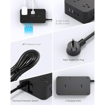 Power Strip Surge Protector with 12 Outlets 4 USB Ports(2 USB C), Black Flat Extension Cord 6 Feet, 1800J, Wall Mount, Desk Charging Station for Office Home College Dorm Room Essentials, ETL Listed