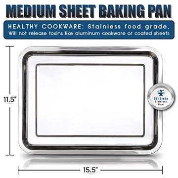 Stainless Steel Sheet Pan 15.5 x 11.5 inch Cooling Rack & Silicone Baking Mat Set - Extra Durable Cookie Sheet, Oven Safe non-toxic Heavy Duty Bake ware. for Roasting Bacon, Vegetables, and Cake.