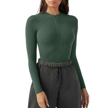 MISSJOY Bodysuit for Women Zipper Sexy Deep V Neck Long Sleeve Body suit Ribbed Slim Fit Top L