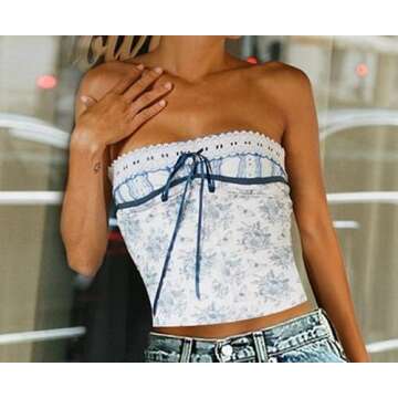 Women's Lace Trim Tube Crop Top Off Shoulder Slim Bandeau Vest Strapless Sheer Mesh Cami Tops Going Out Streetwear