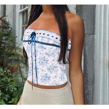Women's Lace Trim Tube Crop Top Off Shoulder Slim Bandeau Vest Strapless Sheer Mesh Cami Tops Going Out Streetwear