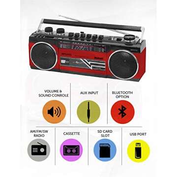 Riptunes Cassette Boombox, Retro Blueooth Boombox, Cassette Player and Recorder, AM/FM/SW-1-SW2 Radi...