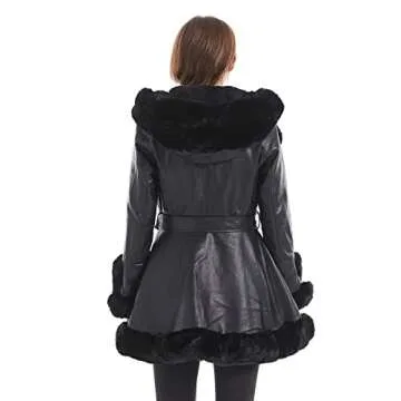 GRAN ORIENTE Faux Leather Jacket for Women with Faux Fur Collar Long Sleeve Furry Parka Outerwear with Hood Warm Lined Winter Coat with Belt (GK024 Beige S)