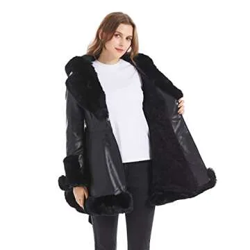 GRAN ORIENTE Faux Leather Jacket for Women with Faux Fur Collar Long Sleeve Furry Parka Outerwear with Hood Warm Lined Winter Coat with Belt (GK024 Beige S)