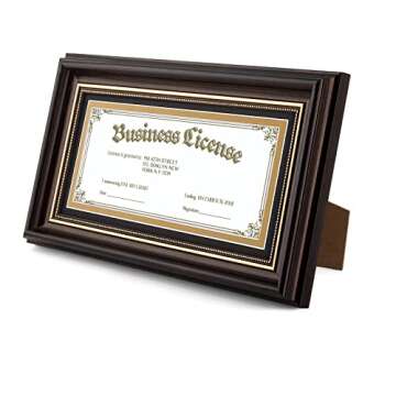 AUEAR, 5x10 Frame for 4x9 Business Document with Black Mat, Hanging and Easel Stand Display, Dark Brown Ornate Gold Trim