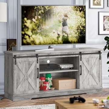 IDEALHOUSE TV Stand Farmhouse Entertainment Center for 65 Inch TV & Media Furniture, Rustic TV Stands with Storage and Barn Doors TV Console Table Under TV Cabinet for Living Room, Rustic Grey