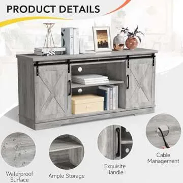 IDEALHOUSE TV Stand Farmhouse Entertainment Center for 65 Inch TV & Media Furniture, Rustic TV Stands with Storage and Barn Doors TV Console Table Under TV Cabinet for Living Room, Rustic Grey