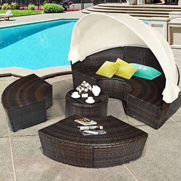 Tangkula Patio Round Daybed with Retractable Canopy, Outdoor Wicker Rattan Furniture Sets, Sectional...