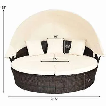 Tangkula Patio Round Daybed with Retractable Canopy, Outdoor Wicker Rattan Furniture Sets, Sectional Sofa Set w/Height Adjustable Coffee Table, Rattan Conversation Sets (Brown)