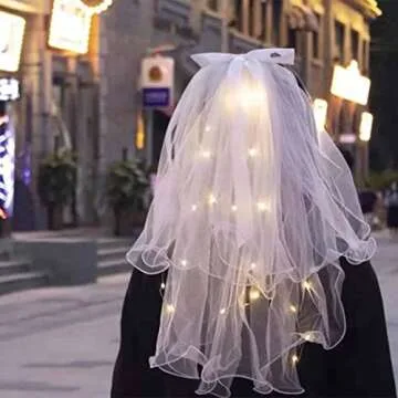 JONKY 2 Tier Led Bride Wedding Veil White Light up Pencil Edge Bridal Veils with Hair Clip Glowing Party Club Statement Headpieces for Women(Warm)