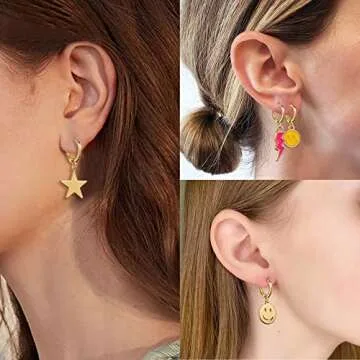 LieToi 9 Pairs Preppy Earrings Pack with Colorful Happy Smile Lightning Bolt Heart Star Charms Pendants Gold Small Huggie Hoop Dangle Earrings Trendy Y2K Preppy Jewelry Gifts for Teens Women