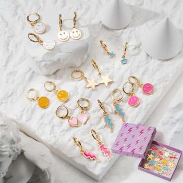 LieToi 9 Pairs Preppy Earrings Pack with Colorful Happy Smile Lightning Bolt Heart Star Charms Pendants Gold Small Huggie Hoop Dangle Earrings Trendy Y2K Preppy Jewelry Gifts for Teens Women