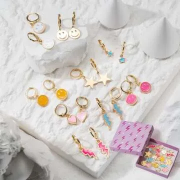 LieToi 9 Pairs Preppy Earrings Pack with Colorful Happy Smile Lightning Bolt Heart Star Charms Pendants Gold Small Huggie Hoop Dangle Earrings Trendy Y2K Preppy Jewelry Gifts for Teens Women