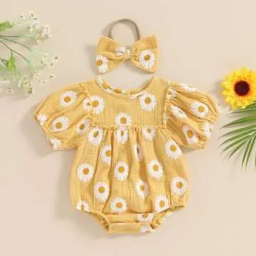 Summer Newborn Infant Baby Girl Daisy Smocked Romper Bubble Bodysuit Cotton Linen Outfit
