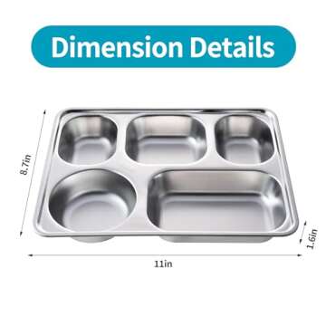 Finopro 4 Pack Stainless Steel Rectangular Divided Plates - Five Compartment Dinner Trays