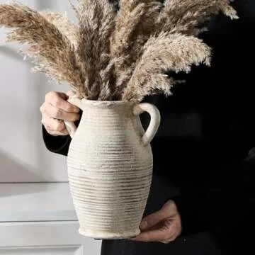 Vaseking Large Ceramic Rustic Vase with 2 Handles, 9.8 inch Whitewashed Terra Cotta Vase, Decorative Pottery Flower Vase for Home Decor, Living Room, Shelf Decor, Enterway, Table Decoration, Gray