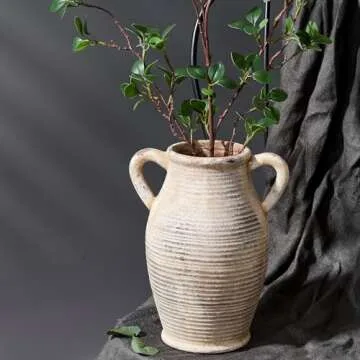 Vaseking Large Ceramic Rustic Vase with 2 Handles, 9.8 inch Whitewashed Terra Cotta Vase, Decorative Pottery Flower Vase for Home Decor, Living Room, Shelf Decor, Enterway, Table Decoration, Gray