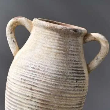 Vaseking Large Ceramic Rustic Vase with 2 Handles, 9.8 inch Whitewashed Terra Cotta Vase, Decorative Pottery Flower Vase for Home Decor, Living Room, Shelf Decor, Enterway, Table Decoration, Gray