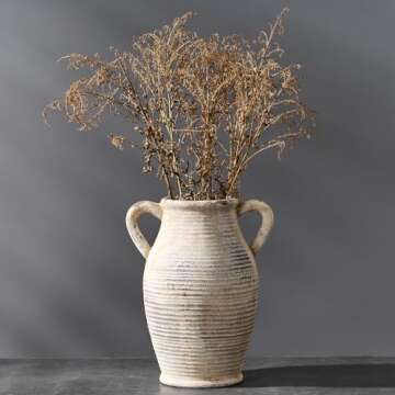 Vaseking Large Ceramic Rustic Vase with 2 Handles, 9.8 inch Whitewashed Terra Cotta Vase, Decorative Pottery Flower Vase for Home Decor, Living Room, Shelf Decor, Enterway, Table Decoration, Gray