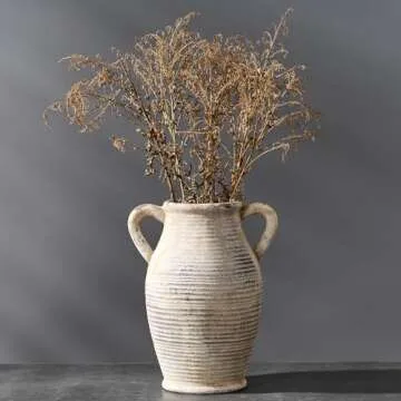 Vaseking Large Ceramic Rustic Vase with 2 Handles, 9.8 inch Whitewashed Terra Cotta Vase, Decorative Pottery Flower Vase for Home Decor, Living Room, Shelf Decor, Enterway, Table Decoration, Gray