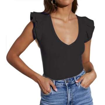 Ezbelle Women's Black Ruffle Tops Deep V Neck Flutter Sleeve Shirts Summer Slim Fitted Tees Casual R...