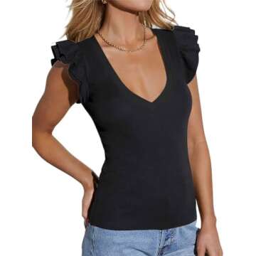 Ezbelle Women's Black Ruffle Tops - Trendy V Neck Shirts