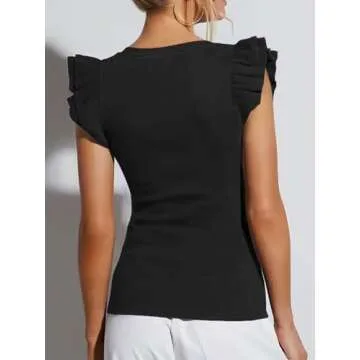 Ezbelle Women's Black Ruffle Tops - Trendy V Neck Shirts