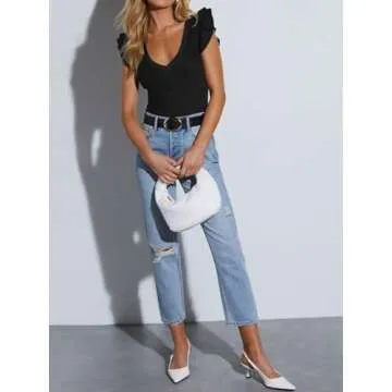 Ezbelle Women's Black Ruffle Tops - Trendy V Neck Shirts