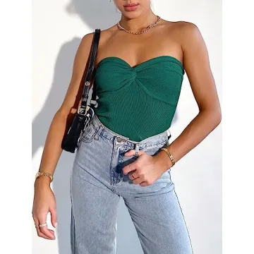 ANRABESS Women Strapless Crop Tube Top Sexy Ribbed Knit Twisted Knot Front Bandeau Y2K Corset Tanks Tops Teens Preppy Clothes Medium Opal Green