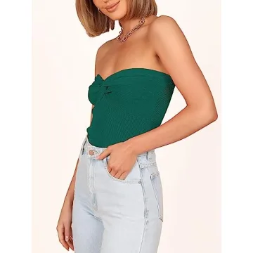 ANRABESS Women Strapless Crop Tube Top Sexy Ribbed Knit Twisted Knot Front Bandeau Y2K Corset Tanks Tops Teens Preppy Clothes Medium Opal Green