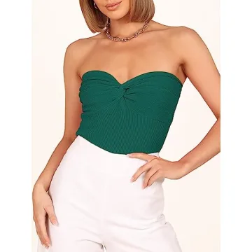 ANRABESS Women Strapless Crop Tube Top Sexy Ribbed Knit Twisted Knot Front Bandeau Y2K Corset Tanks Tops Teens Preppy Clothes Medium Opal Green