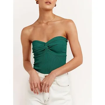 ANRABESS Women Strapless Crop Tube Top Sexy Ribbed Knit Twisted Knot Front Bandeau Y2K Corset Tanks Tops Teens Preppy Clothes Medium Opal Green