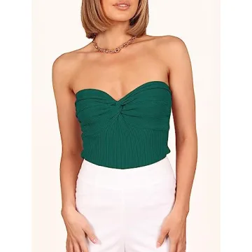 ANRABESS Women Strapless Crop Tube Top Sexy Ribbed Knit Twisted Knot Front Bandeau Y2K Corset Tanks Tops Teens Preppy Clothes Medium Opal Green