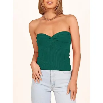 ANRABESS Women Strapless Crop Tube Top Sexy Ribbed Knit Twisted Knot Front Bandeau Y2K Corset Tanks Tops Teens Preppy Clothes Medium Opal Green