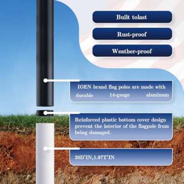 IOEN Flag Poles for Outside House in Ground - 25FT Sectional Aluminum Extra Thick Flagpole with Reinforcing Ring, 5x3 US Flag and White Gloves, Heavy Duty Black Flag Poles Kit for Yard or Residential