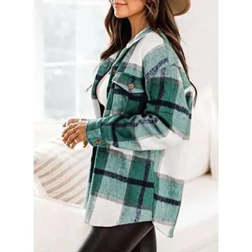 DOROSE Women's Shackets Fall Long Sleeve Button Down Flannel Plaid Shirt Jackets Coat (Green, Small)