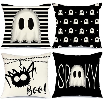 GEEORY Halloween Pillow Covers Set of 4 - Spooky Ghost & Spider Design for Festive Decor