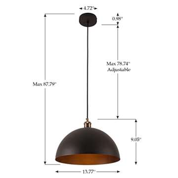 YHANFENGCY Vintage Black Pendant Light 13.7'' Retro Farmhouse Dome Pendant Lamp Modern Industrial Chandelier for Wire Length 78.74 '' Kitchen Island, Bedroom, Dining Room, Living Room, Hallway