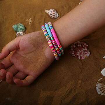 CASDAN 14 PCS Heishi Bracelet Set for Women Rainbow Vinyl Disc Beads Srting Stack Bracelet Surfer Stretch Cord Bracelets Summer Beach Jewelry for Women