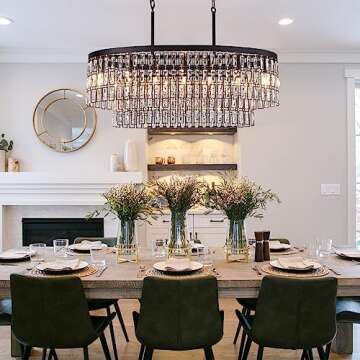 Wellmet Modern Crystal Chandeliers for Dining Room, 7 Lights Black Farmhouse Ceiling Light Fixture, Adjustable Hanging Pendant Lighting for Kitchen Island, Living Room, L-36inch