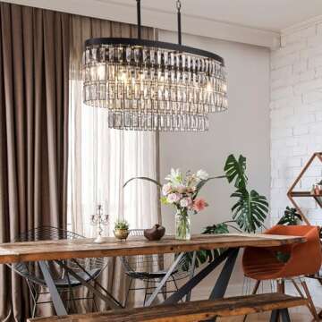 Wellmet Modern Crystal Chandeliers for Dining Room, 7 Lights Black Farmhouse Ceiling Light Fixture, Adjustable Hanging Pendant Lighting for Kitchen Island, Living Room, L-36inch